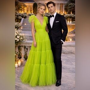 Ml Monique Lhuillier womens Tulle Gown Neon Green NWT